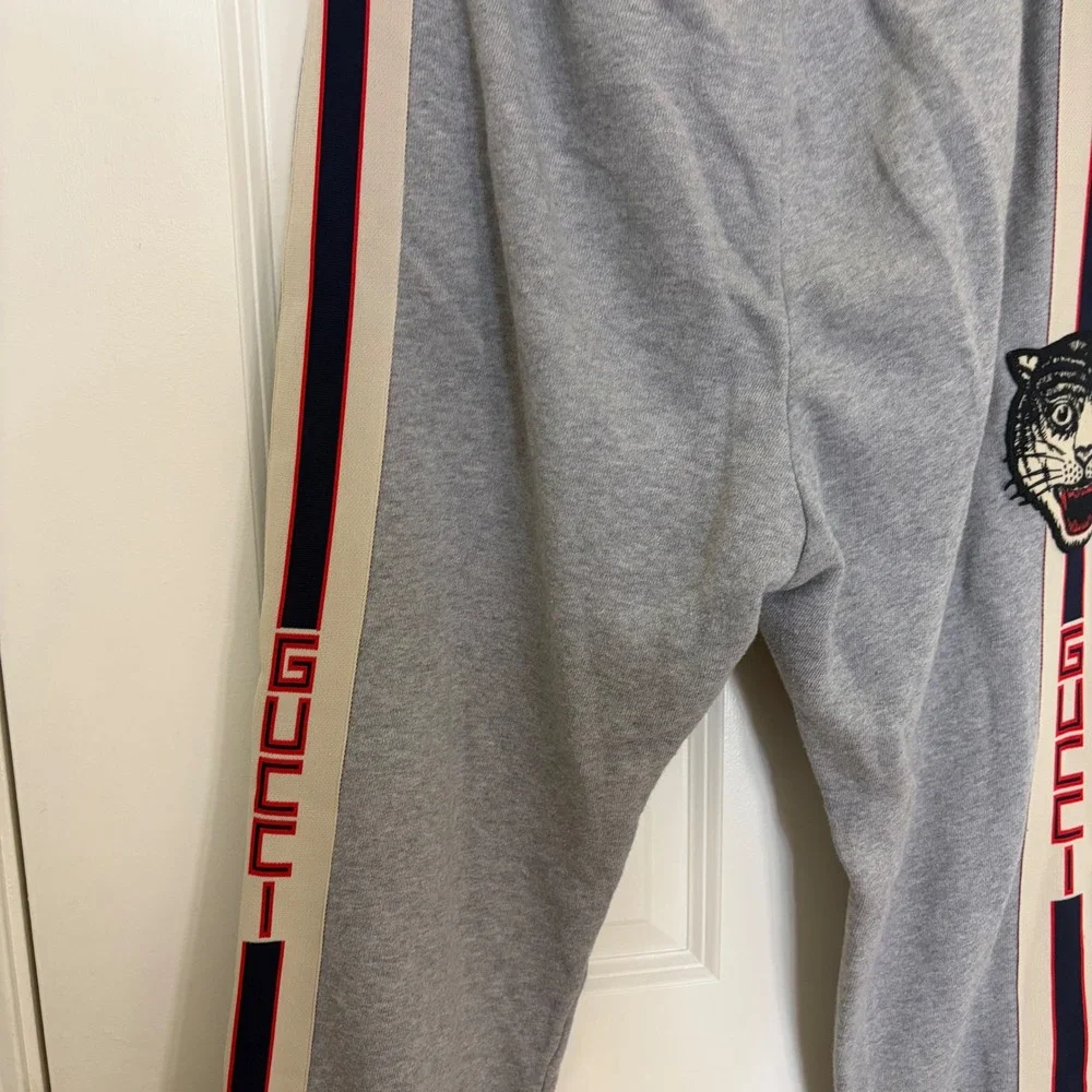 Gucci Mens Tiger Patch Logo Stripe Sweatpants Gray Joggers Made in Italy